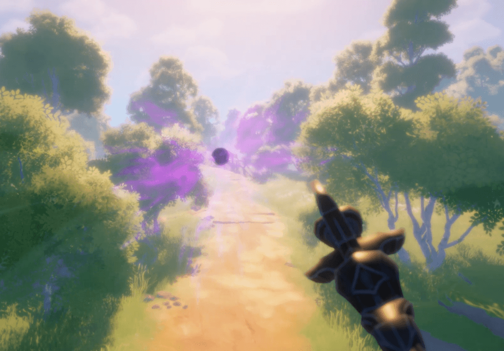 A magic staff conjures a violet orb above a sunlit forest path in Adeltuner.