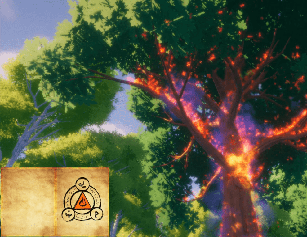 Fire spreads through a tree as an open spellbook displays a fire symbol.