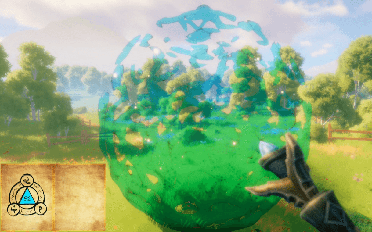 A water spell forms a large turquoise-green sphere in front of the magic staff.