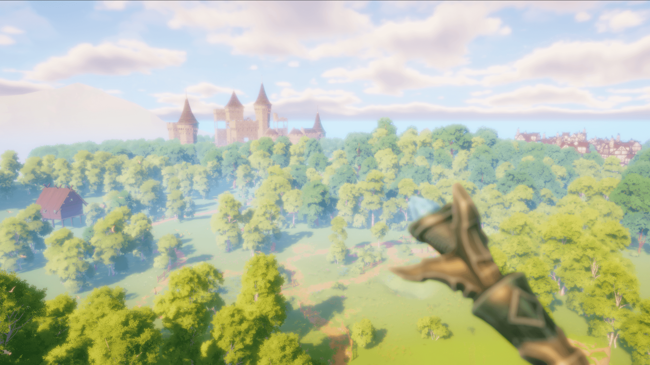 A view across a sunlit forest toward a castle and village in Adeltuner.