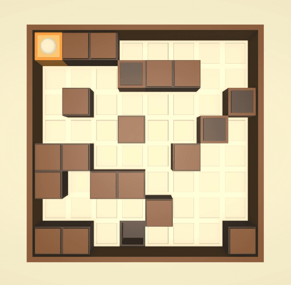 A square Gravity Puzzle board with brown blocks and a glowing ball in the top-left corner.