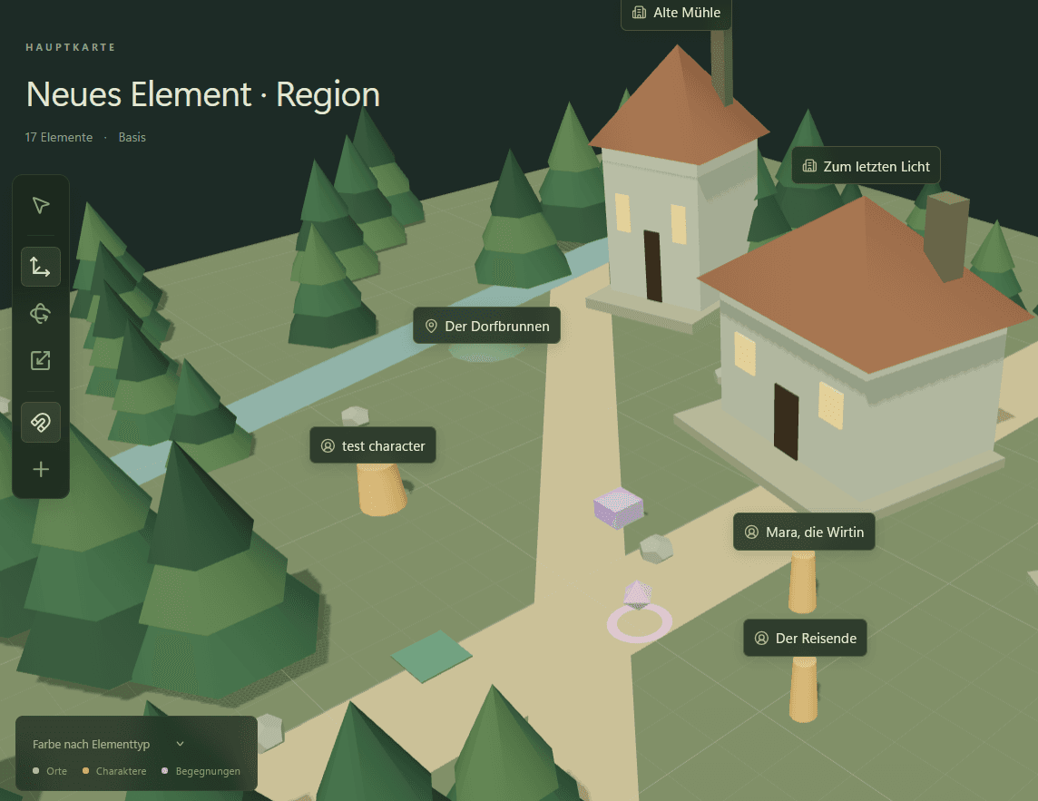 WorldBuilder shows an editable 3D village map with labeled locations, characters, and encounters.
